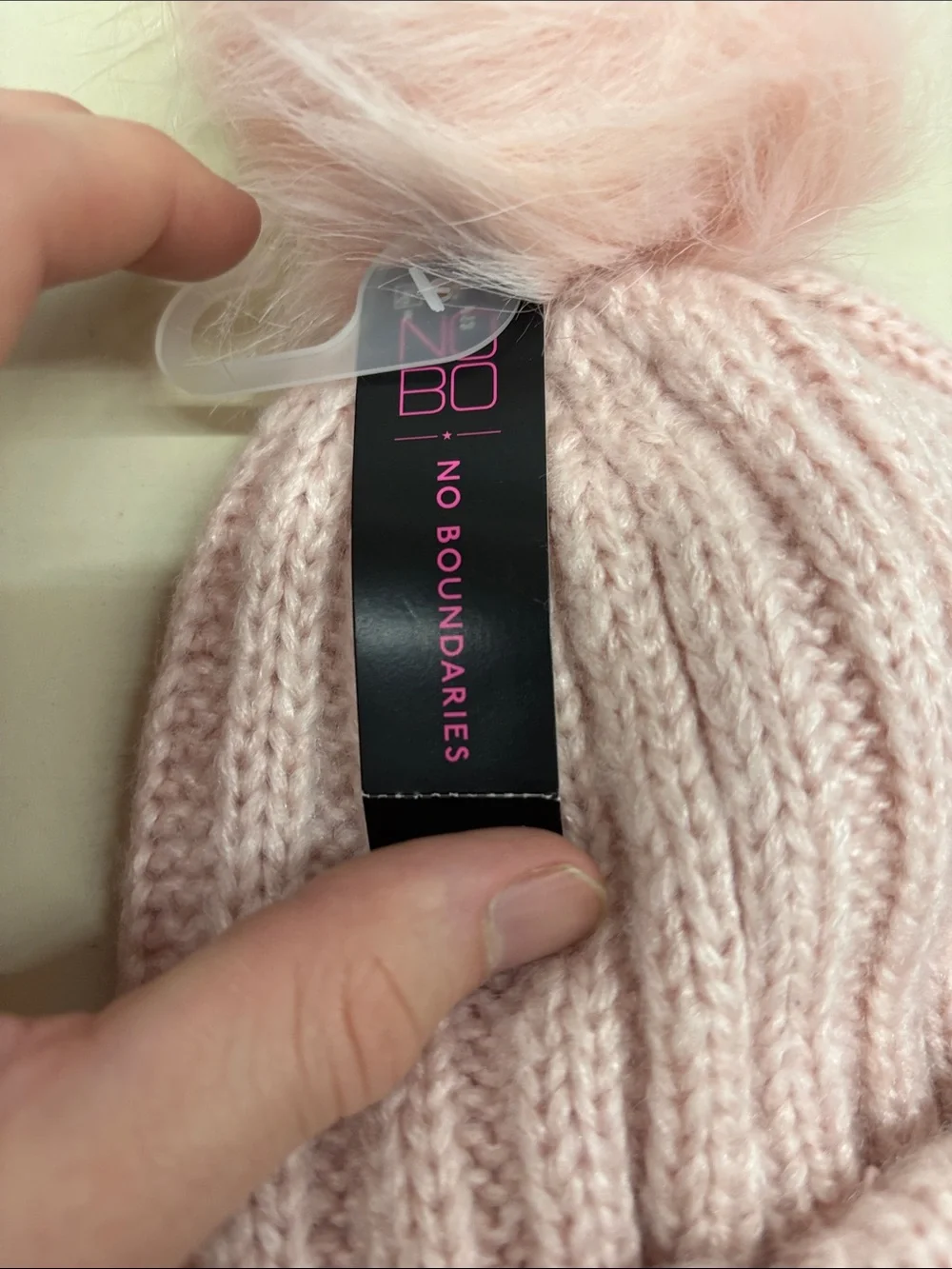 No Boundaries Light Pink Knit Pom Pom Beanie with Pearls